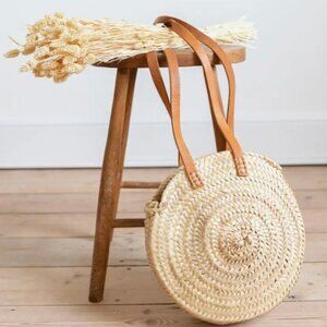 New Without Tags‎ Boho Palm Leaf Handwoven Spacious Leather Straps Tote Bag